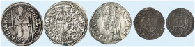 WÜRZBURG. - Bistum. Johann Gottfried II. von Guttenberg, 1684-1698. 
Lot von 5 Stück: Schilling 1686, 1692, 1696, 3 Heller 1694, Körtling 1696. Helm....