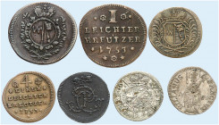 WÜRZBURG. - Bistum. Karl Philipp von Greiffenklau-Vollraths, 1749-1754. 
Lot von 7 Stück: 1/2 Pfennig, Schilling 1751 (2x), 1/4 Kreuzer 1752, 1753, 1...