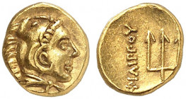 GRIECHISCHE MÜNZEN. KÖNIGREICH MAKEDONIEN. Philippos II., 359 - 336 v. Chr. 
1/8-Goldstater, Pella. Herakleskopf / Dreizack ohne Beizeichen, Name in ...