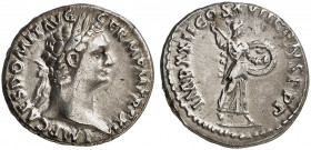 RÖMISCHE MÜNZEN. RÖMISCHE KAISERZEIT. Domitianus, 81 - 96. 
Denar. Rev. Stehende Minerva mit Speer und Schild. RIC 787 3,11 g ss+