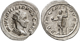 RÖMISCHE MÜNZEN. RÖMISCHE KAISERZEIT. Philippus II., 247 - 249. 
Antoninian. Rev. Stehender Princeps Iuventutis. RIC 218d; C. 57 4,30 g vz