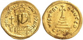 BYZANTINISCHE MÜNZEN. Tiberius II. Constantinus, 578 - 582. 
Solidus. Rev. Stufenkreuz. 9. Offizin. S. 422 Gold 4,34 g min. Prägeschwäche, f. prfr / ...
