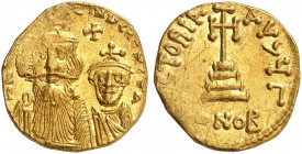 BYZANTINISCHE MÜNZEN. Constans II., 641 - 668. 
Solidus. Büsten von Constans II. und Constantinus IV. / Stufenkreuz. S. 959 Gold 4,31 Prägeschwäche, ...