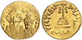 BYZANTINISCHE MÜNZEN. Constans II., 641 - 668. 
Ein weiteres, ähnliches Exemplar. Gold 4,39 g Prägeschwäche, ss