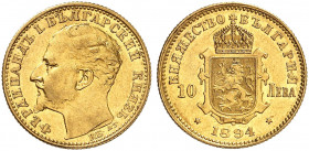 EUROPA. BULGARIEN. Ferdinand I., 1887-1918. 
10 Lewa 1894, Kremnitz. Friedb. 4, Schlumb. 3 Gold ss - vz