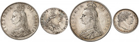 EUROPA. ENGLAND. George III., 1760-1820. 
Lot von 4 Stück. 6 Pence 1787, 1816, Victoria, Florin, 1/2 Crown 1887. S. 3749, 3791, 3925, 3924 f. vz, vz