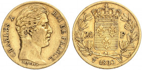 EUROPA. FRANKREICH. - Königreich. Charles X., 1824-1830. 
20 Francs 1830, W - Lille. Friedb. 550, Gad. 1029, Schlumb. 188 Gold ss