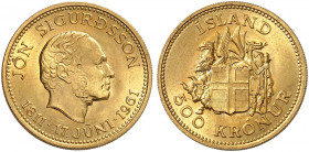 EUROPA. ISLAND. 
500 Krónur 1961, auf den 150. Geburtstag von Jón Sigurdsson. Friedb. 1, Schlumb. 1 Gold St