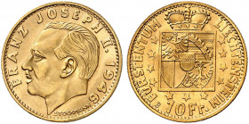 EUROPA. LIECHTENSTEIN. Franz Joseph II., 1938-1989. 
10 Franken 1946, Bern. Friedb. 18, Divo 130, HMZ 2-1389, Schlumb. 8 Gold St