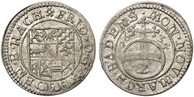 BADEN - DURLACH. Friedrich V., 1622-1659. 
2 Kreuzer 1634. Wiel. 585 l. Prägeschwäche, vz