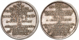 BADEN - DURLACH. Karl Friedrich, 1738-1811. 
Silbermedaille 1756 (unsigniert, 29,0 mm), auf die 200-Jahrfeier der Reformation in Baden. Beidseitig Sc...