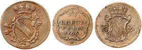 BADEN - DURLACH. Karl Friedrich, 1738-1811. 
Lot von 3 Stück: 1/4, 1/2 Kreuzer 1766, 1 Kreuzer 1772. Wiel. 754, 752, 751 ss, f. vz