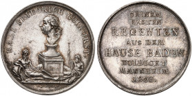 BADEN - DURLACH. Karl Friedrich, 1738-1811. 
Silbermedaille 1803 (von J. H. Boltschauser, 32,7 mm), auf die Huldigung der Stadt Mannheim. Büste des K...