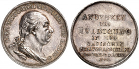 BADEN - DURLACH. Karl Friedrich, 1738-1811. 
Silbermedaille 1803 (von J. H. Boltschauser, 35,5 mm), auf die Huldigung der Pfalzgrafschaft in Mannheim...