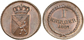 BADEN - DURLACH. Karl Friedrich, 1738-1811. 
Dickabschlag 1 Kreuzer 1807, mit Laubrand. AKS 20, J. 1 St