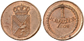 BADEN - DURLACH. Karl Friedrich, 1738-1811. 
Dickabschlag 1 Kreuzer 1808, mit Laubrand. AKS 20, J. 1 min. rauh, f. St