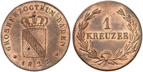 BADEN - DURLACH. Ludwig I., 1818-1830. 
1 Kreuzer 1822. AKS 65, J. 27 f. St