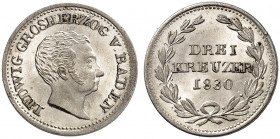 BADEN - DURLACH. Ludwig I., 1818-1830. 
3 Kreuzer 1830. AKS 63, J. 39 winz. Kr., St