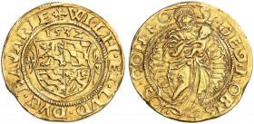BAYERN. Wilhelm IV. und Ludwig X., 1516-1545. 
Goldgulden 1532. Friedb. 181, Witt. 239, Hahn 30 Gold, RRRR ! l. gewellt, kl. Rdf., ss