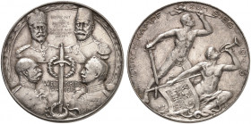 ZEITGESCHICHTE. 
Silbermedaille 1916 (von F. König, 33,3 mm), auf den Viererbund. Brustbilder von Franz Joseph I. und Wilhelm II., Mohammed V. und Fe...