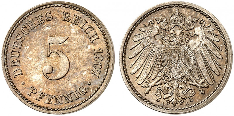 KAISERREICH. KLEINMÜNZEN. J. 12, EPA 18. 
5 Pfennig 1907 A. PP