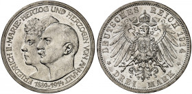 ANHALT. Friedrich II., 1904-1918. J. 24, EPA 3/2 
3 Mark 1914, zur Silberhochzeit mit Marie. vz - St