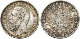 BADEN. Friedrich I., 1852-1907. J. 26, EPA 2/4 
2 Mark 1888. schöne Patina, St