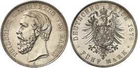 BADEN. Friedrich I., 1852-1907. J. 27, EPA 5/3 
5 Mark 1876. in dieser Erhaltung äußerst selten ! mit polierten Stempeln geprägt, EA ExemplarausSamml...