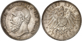 BADEN. Friedrich I., 1852-1907. J. 29 F, EPA 5/6 
5 Mark 1891, ohne Querstrich im A von BADEN. in dieser Erhaltung äußerst selten ! schöne Patina, St...