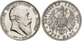 BADEN. Friedrich I., 1852-1907. J. 37, EPA 5/10 
5 Mark 1907, auf seinen Tod. kl. Kr., f. St