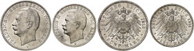 BADEN. Friedrich II., 1907-1918. J. 39, 40, EPA 3/3, 5/11 
Lot von 2 Stück: 3 Mark 1914, 5 Mark 1913. kl. Rdf. u. Kr., vz - St