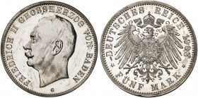 BADEN. Friedrich II., 1907-1918. J. 40, EPA 5/11 
5 Mark 1908. in dieser Erhaltung sehr selten ! PP