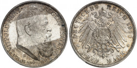 BAYERN. Luitpold, Prinzregent, * 1821, + 1912. J. 49, EPA 3/5 
3 Mark 1911, zum 25-jährigen Regierungsjubiläum. Prachtexemplar ! PCGS MS 66, schöne P...