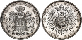 HAMBURG. Ernst August, 1913-1918, mit Victoria Luise. J. 64, EPA 3/11 
3 Mark 1913. PCGS PR 65 CAM, PP