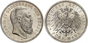 HESSEN. Ludwig IV., 1877-1892. J. 71, EPA 5/24 
5 Mark 1891. Prachtexemplar ! winz. Kr., St