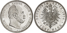 PREUSSEN. Wilhelm I., 1861-1888. J. 97 A, EPA 5/31 
5 Mark 1874 A. kl. Kr., vz - St