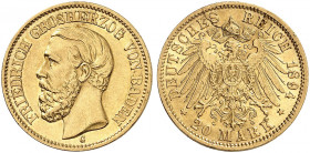 BADEN. Friedrich I., 1852-1907. J. 189, EPA 20/6 
Ein zweites Exemplar, mit kleiner "4". kl. Stempelfehler, vz