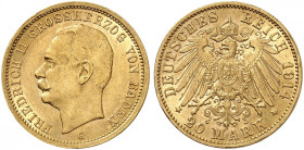 BADEN. Friedrich II., 1907-1918. J. 192, EPA 20/7 
20 Mark 1914. kl. Kr., vz