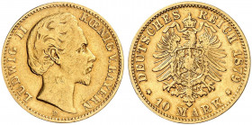 BAYERN. Ludwig II., 1864-1886. J. 196, EPA 10/8 
10 Mark 1879. seltenster Jahrgang ! kl. Sfr., ss