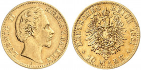BAYERN. Ludwig II., 1864-1886. J. 196, EPA 10/8 
10 Mark 1881. der seltenste Jahrgang ! kl. Rdf., ss