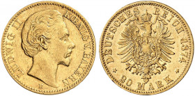 BAYERN. Ludwig II., 1864-1886. J. 197, EPA 20/9 
20 Mark 1874. ss