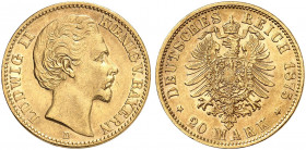 BAYERN. Ludwig II., 1864-1886. J. 197, EPA 20/9 
20 Mark 1875. der seltene Jahrgang ! winz. Kr., vz