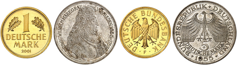 GEDENKMÜNZEN. J. 481 
Lot von 36 Stück: 1 DM 2001 F, Gold, dazu: 5 DM 1955 G, M...