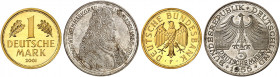 GEDENKMÜNZEN. J. 481 
Lot von 36 Stück: 1 DM 2001 F, Gold, dazu: 5 DM 1955 G, Markgraf von Baden, diverse 5 und 10 DM Münzen, diverse Drittes Reich. ...