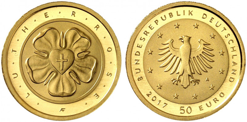 GEDENKMÜNZEN. J. 618 
50 Euro 2017 A, Lutherrose. Gold in Originalverpackung mi...