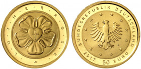 GEDENKMÜNZEN. J. 618 
50 Euro 2017 A, Lutherrose. Gold in Originalverpackung mit Zertifikat, St