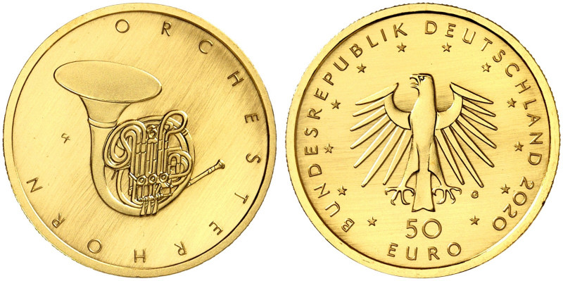GEDENKMÜNZEN. J. 665 
50 Euro 2021 A, Pauke. Gold in Originalverpackung mit Zer...