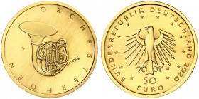 GEDENKMÜNZEN. J. 665 
50 Euro 2021 A, Pauke. Gold in Originalverpackung mit Zertifikat, St