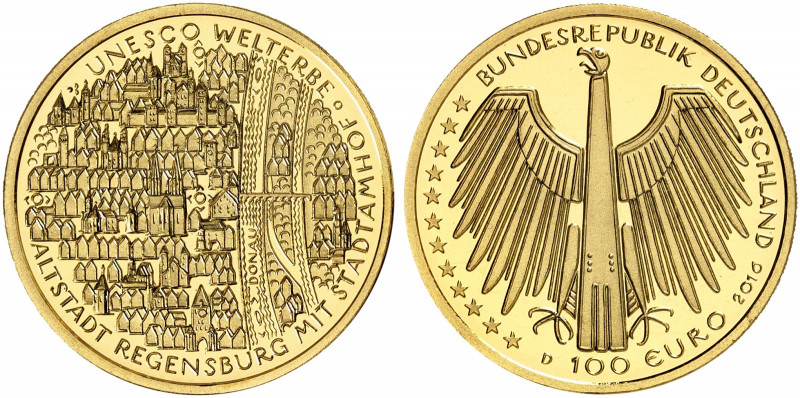 GEDENKMÜNZEN. J. 610 
100 Euro 2016 D, Regensburg. Gold in Originalverpackung m...