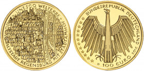 GEDENKMÜNZEN. J. 610 
100 Euro 2016 D, Regensburg. Gold in Originalverpackung mit Zertifikat, St
